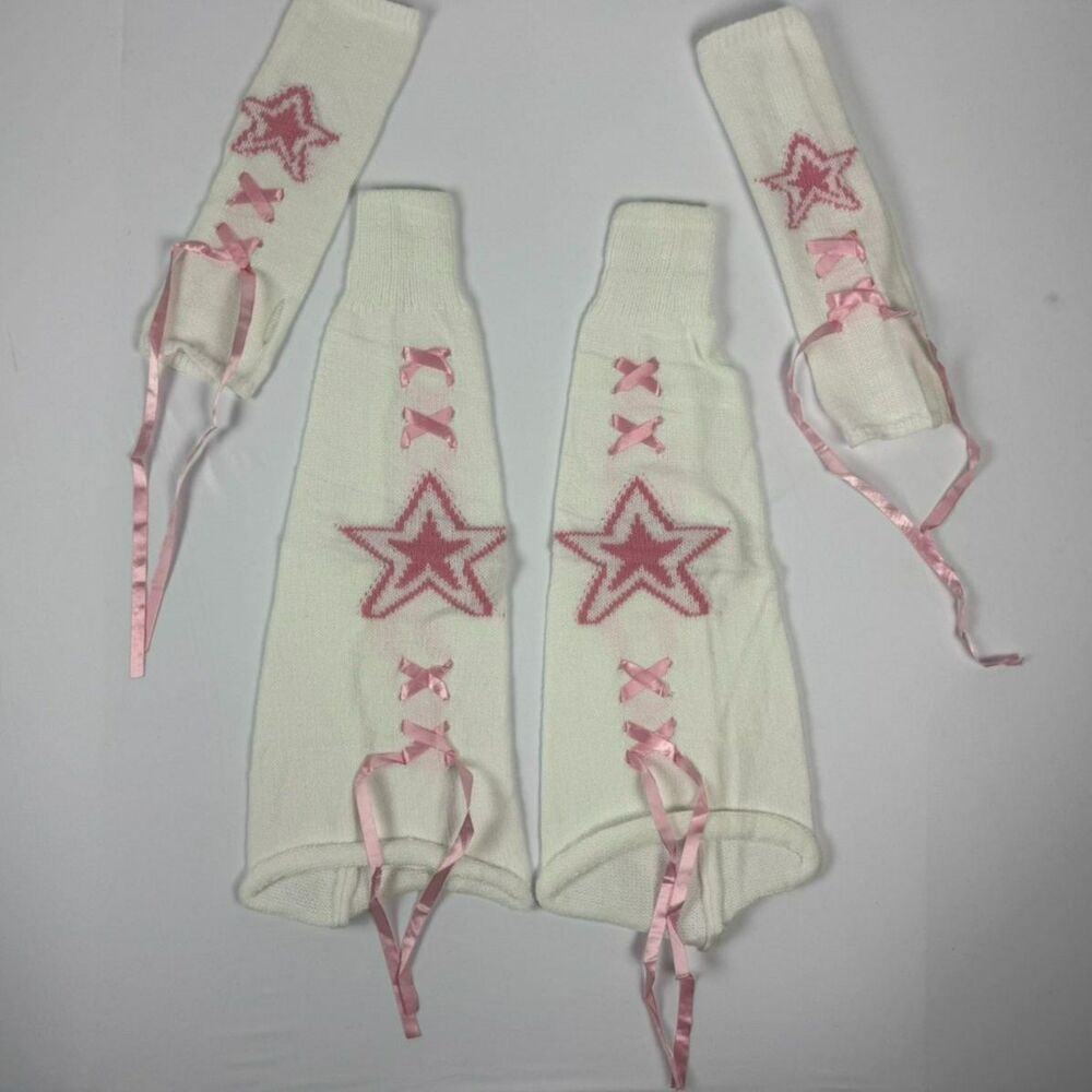 Y2K Kawaii White & Pink Lace Up Knit Hand & Leg Warmers